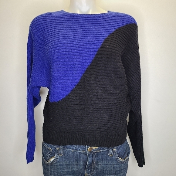 Express Black Cobalt Blue Colorblock Dolman Sleeve Ribbed Chunky Knit Sweater XS - Picture 1 of 12